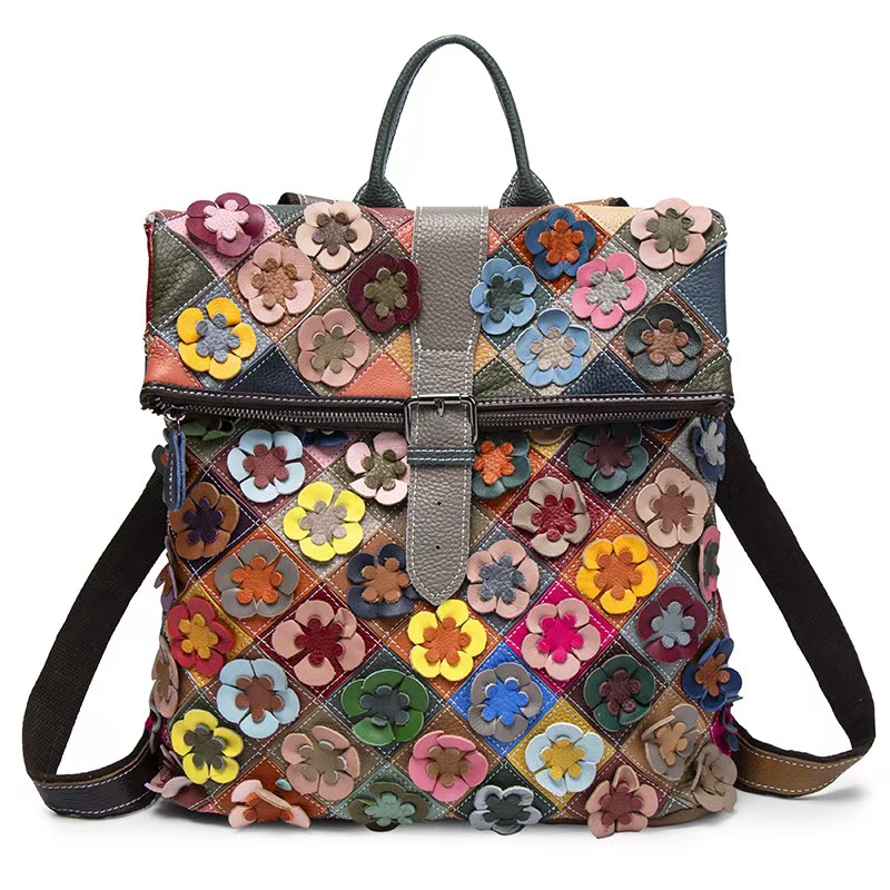 Fashion Backpack Women - Vintage Damen Echtleder-Rucksack mit Blumenmuster, Echtes
