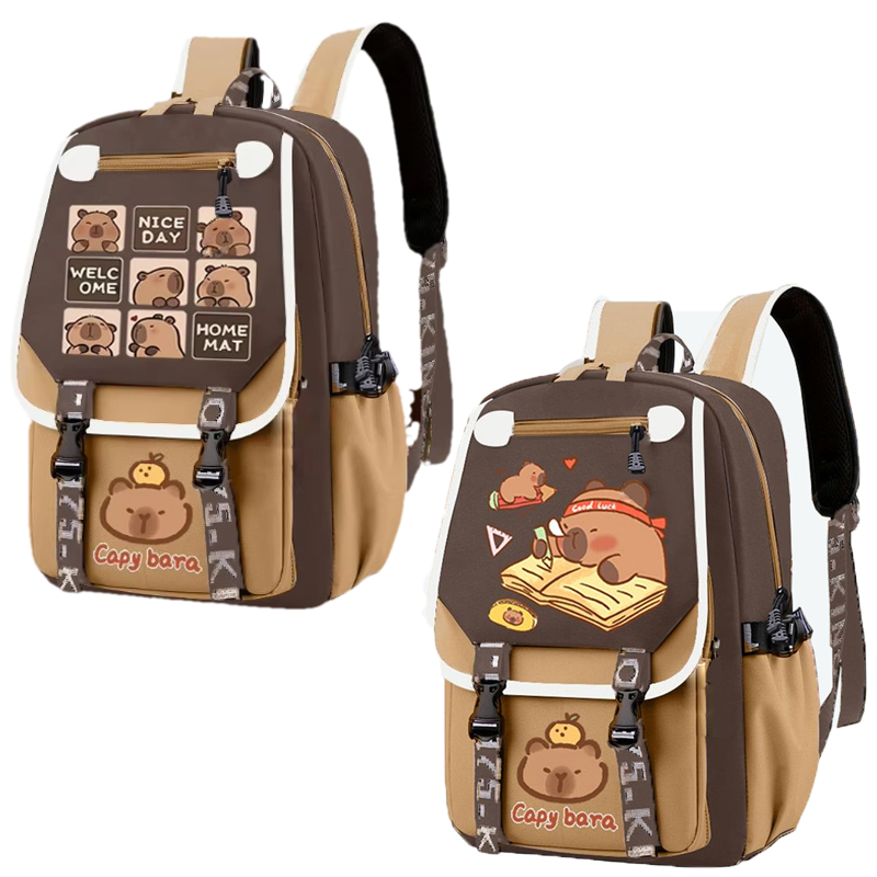 School Backpack Teen - Kawaii Capybara Stilvoller Khaki Kinderrucksack Schultasche