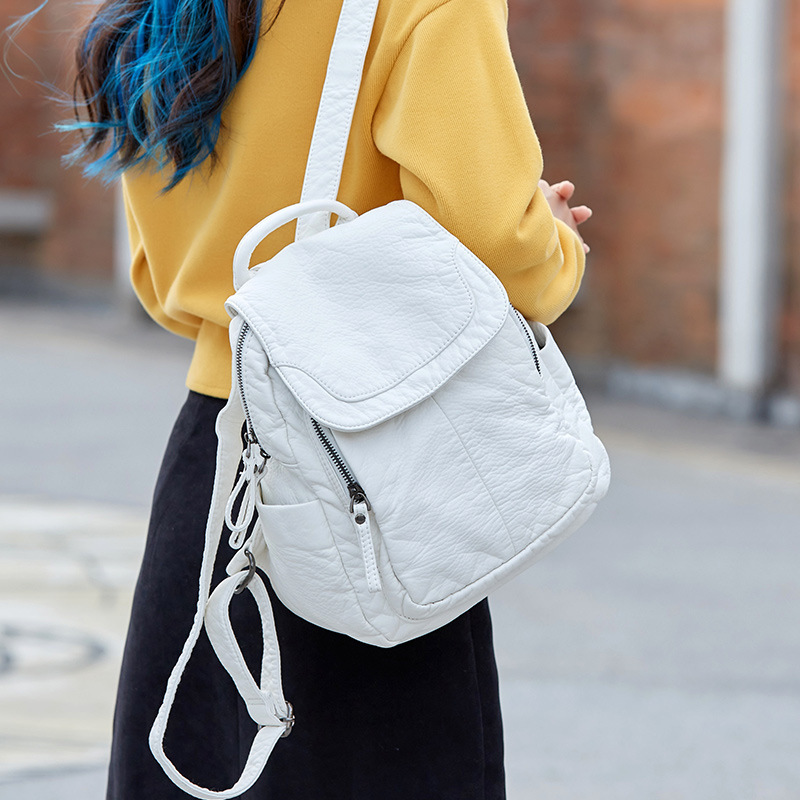 Fashion Backpack Women - Damen rucksack weiß gewaschener Leder rucksack