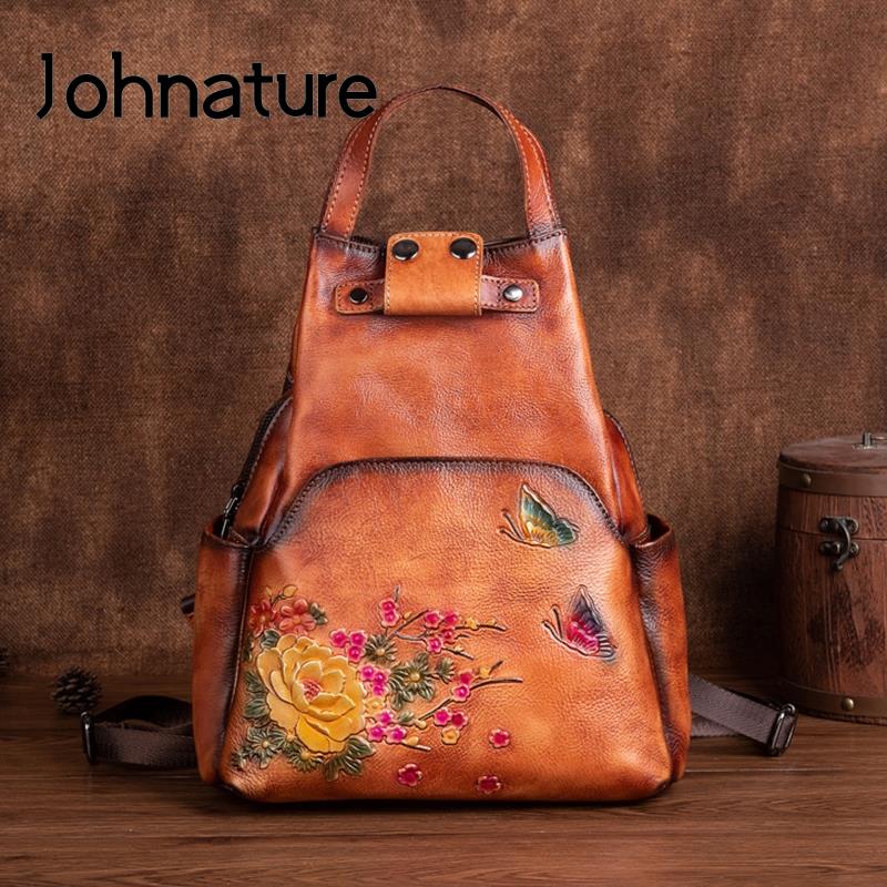 Leather Backpack Vintage - Johnature Echtleder-Schultertasche mit Prägung, Damen-Rucksack 2026,
