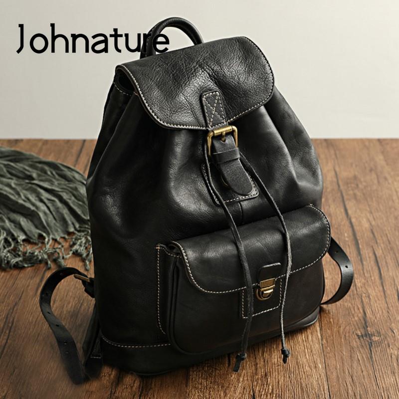 Leather Backpack Vintage - Johnature Freizeit-Reisetasche, natürlicher echter Rindsleder-Rucksack für