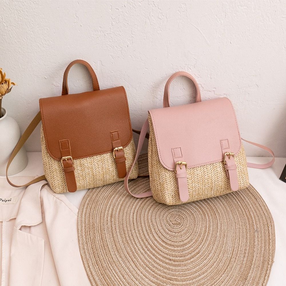 Leather Backpack Vintage - Modischer PU-Leder Stroh-Rucksack Retro-Design Vintage-Stil Geflochtener